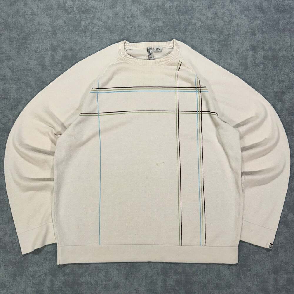 Vintage Y2K Quiksilver Sweater Mens Medium Oatmeal Off White Pinstripe Knit